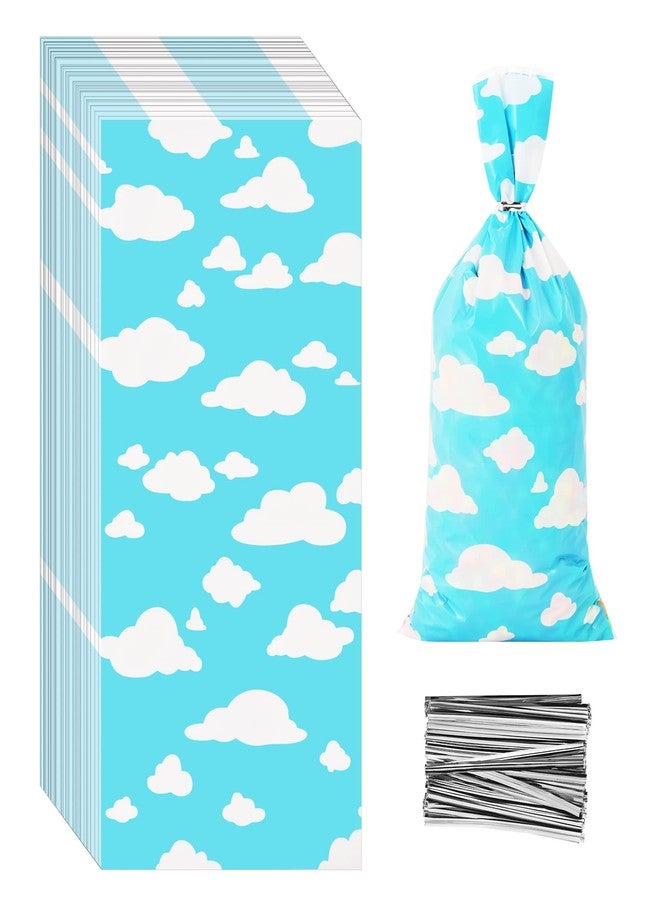 Lecferrarc 100 Pcs Blue Sky White Clouds Treat Bags White Clouds Print Cellophane Candy Bags Cartoon Story Party Favors with Twist Ties for Birthday Party Baby Shower Supplies - Image 1